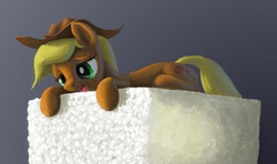 Size: 2723x1614 | Tagged: safe, artist:odooee, applejack, earth pony, pony, g4, appletini, featured image, female, licking, mare, micro, prone, smiling, solo, sugarcube, sweet dreams fuel, tongue out