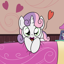 Size: 1000x1000 | Tagged: safe, artist:gammaespeon, rarity, sweetie belle, pony, g4, bed, cute, diasweetes, female, heart, photo, solo, sweetie belle's bedroom