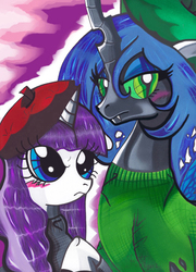 Size: 425x590 | Tagged: dead source, safe, artist:aurora-chiaro, queen chrysalis, rarity, changeling, changeling queen, pony, unicorn, g4, beatnik rarity, beret, blushing, clothes, female, hat, traditional art