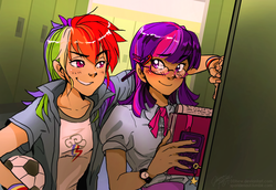 Size: 1240x851 | Tagged: safe, artist:ddhew, rainbow dash, twilight sparkle, equestria girls, g4, blushing, duo, female, football, glasses, human coloration, humanized, lesbian, lockers, pen, ship:twidash, shipping