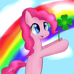 Size: 1024x1024 | Tagged: safe, artist:kawaiipony2, pinkie pie, earth pony, pony, g4, clover, female, four leaf clover, mare, open mouth, rainbow, saint patrick's day, smiling, solo