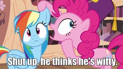 Size: 1280x720 | Tagged: safe, edit, edited screencap, screencap, pinkie pie, rainbow dash, g4, image macro, mel brooks, meme, quote, text edit, the producers, whisper