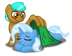 Size: 1015x787 | Tagged: safe, artist:aleximusprime, trixie, oc, oc:cloud tumble, g4, blanket, canon x oc, eyes closed, female, male, prone, shipping, simple background, sleeping, sleepy, smiling, straight, transparent background, trixietumble, tucking in, wing hands