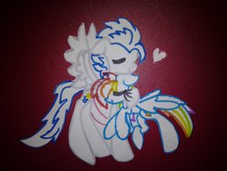 Size: 1024x768 | Tagged: safe, artist:swirlyquill, rainbow dash, soarin', g4, eyes closed, female, heart, hug, male, paper, ship:soarindash, shipping, smiling, spread wings, straight
