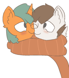Size: 675x766 | Tagged: safe, artist:mrschocotastic, featherweight, snails, g4, blushing, clothes, feathersnails, gay, male, scarf, shared clothing, shared scarf, shipping, simple background, snuggling, transparent background, voice actor joke