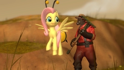 Size: 1366x768 | Tagged: safe, artist:fezwearingdoctor, fluttershy, pegasus, pony, g4, it ain't easy being breezies, 3d, animal costume, bee costume, clothes, costume, duo, female, flutterbee, gmod, mare, pyro (tf2), team fortress 2