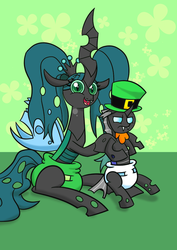 Size: 883x1248 | Tagged: safe, artist:artiecanvas, queen chrysalis, oc, oc:jeff, changeling, changeling queen, g4, diaper, diaper fetish, duo, non-baby in diaper, poofy diaper, saint patrick's day, sitting
