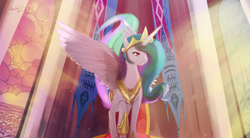Size: 3720x2052 | Tagged: safe, artist:mechagen, princess celestia, g4, banner, canterlot castle, crepuscular rays, female, high res, solo, spread wings, stained glass, throne, window