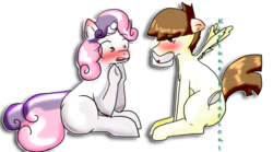 Size: 1024x569 | Tagged: safe, artist:kitsune-kreations, featherweight, sweetie belle, pegasus, pony, unicorn, g4, blushing, colt, female, filly, foal, male, ship:featherbelle, shipping, simple background, straight, transparent background