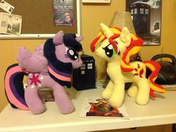 Size: 2048x1529 | Tagged: safe, artist:judhudson, sunset shimmer, twilight sparkle, alicorn, pony, unicorn, g4, irl, photo, plushie, twilight sparkle (alicorn)