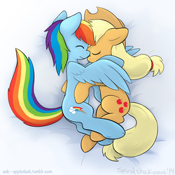 Size: 1100x1100 | Tagged: dead source, safe, artist:arosyks, artist:spiralshockwave, applejack, rainbow dash, earth pony, pegasus, pony, g4, applejack's hat, bed, cowboy hat, cuddling, cute, dashabetes, duo, duo female, eyes closed, female, floppy ears, freckles, hair tie, hat, hug, jackabetes, lesbian, lying down, mare, on side, ship:appledash, shipping, simple background, sleeping, sleeping together, smiling, snuggling, tail, white background, winghug, wings