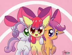 Size: 3300x2550 | Tagged: safe, artist:clouddg, apple bloom, scootaloo, sweetie belle, earth pony, pegasus, pony, unicorn, g4, somepony to watch over me, adorabloom, blushing, bow, cute, cutealoo, cutie mark crusaders, diasweetes, hair bow, high res, impossibly large ears, looking at you, smiling, trio, wink