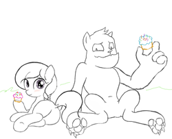 Size: 1600x1300 | Tagged: safe, artist:lemon, derpibooru exclusive, oc, oc only, diamond dog, earth pony, pony, blushing, butt, cupcake, dessert, diamond puppy, dock, duo, featureless crotch, female, filly, foal, hoof hold, looking at you, looking back, on side, paw pads, paws, plot, puppy, simple background, sitting, smiling, spread legs, underhoof, white background, wip