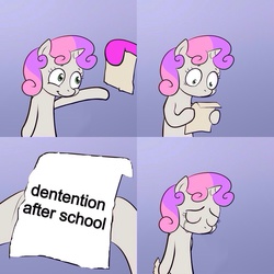 Size: 1024x1024 | Tagged: safe, sweetie belle, g4, detention, exploitable meme, meme, sad, sweetie's note meme