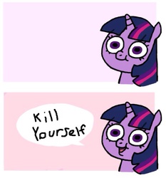 Size: 574x616 | Tagged: safe, artist:peppersupreme, twilight sparkle, g4, :t, comic, derp, female, kill yourself, looking at you, open mouth, reaction image, smiling, solo