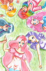 Size: 744x1138 | Tagged: safe, artist:sakurayagami, applejack, fluttershy, pinkie pie, rainbow dash, rarity, twilight sparkle, human, g4, grass, humanized, lying down, mane six, on back, traditional art