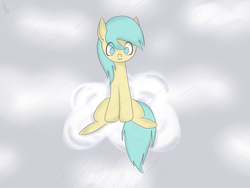 Size: 960x720 | Tagged: safe, artist:demzhi, sunshower raindrops, g4, cloud, cloudy, female, looking at you, on a cloud, rain, sitting, sitting on a cloud, solo