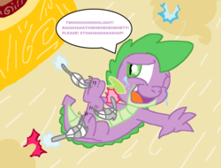 Size: 2136x1620 | Tagged: safe, artist:tagman007, spike, dragon, g4, golden oaks library, implied rarity, implied twilight sparkle, laughing, male, shadows, stress relief, tickle torture, tickling
