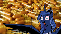 Size: 640x360 | Tagged: safe, idw, princess luna, alicorn, pony, g4, adderall, bloodshot eyes, drugs, female, floppy ears, mare, open mouth, pills, smiling, solo, spread wings, tongue out, wide eyes, wing fluff, wings