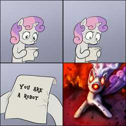 Size: 1024x1024 | Tagged: safe, sweetie belle, pony, robot, unicorn, friendship is witchcraft, g4, apocalypse, exploitable meme, female, filly, foal, hooves, horn, meme, solo, sweetie bot, sweetie's note meme, text