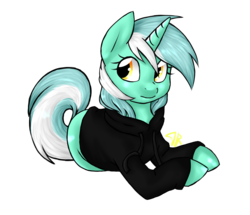 Size: 1569x1349 | Tagged: safe, artist:doomcakes, lyra heartstrings, pony, unicorn, fanfic:background pony, g4, clothes, dig the swell hoodie, female, hoodie, ponies wearing black, prone, simple background, solo