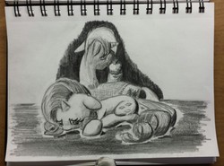 Size: 1280x946 | Tagged: safe, artist:shoeunit, rarity, trenderhoof, pony, g4, apple, depressed, duo, sad, traditional art