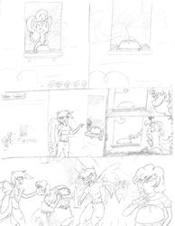 Size: 2550x3280 | Tagged: safe, artist:vinny, oc, oc only, oc:alex, oc:pogo, satyr, comic, high res, monochrome, offspring, parent:gilda, parent:pinkie pie, pencil drawing, pie, traditional art