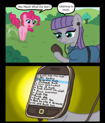 Size: 640x750 | Tagged: safe, artist:ficficponyfic, maud pie, pinkie pie, g4, 2 panel comic, comic, earbuds, iphone, music, playlist, rock (music), rock band, song, that pony sure does love rocks