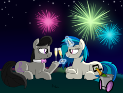 Size: 4000x3000 | Tagged: safe, artist:drako1997, dj pon-3, octavia melody, vinyl scratch, g4, alcohol, bowtie, champagne, female, fireworks, glasses, grass, lesbian, night, ship:scratchtavia, shipping, wine