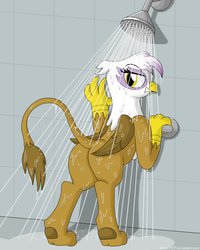 Size: 3200x4000 | Tagged: safe, artist:drako1997, gilda, griffon, g4, against wall, butt, female, plot, raised tail, shower, solo, wet