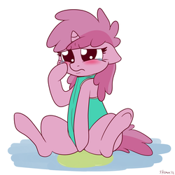 Size: 1600x1600 | Tagged: safe, artist:skoon, ruby pinch, pony, unicorn, g4, accident, blushing, crying, embarrassed, female, implied pissing, sitting, solo, urine