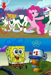 Size: 512x749 | Tagged: safe, screencap, pinkie pie, g4, maud pie (episode), hat, male, one krabs trash, pickelhaube, pinkierainbowraritwiapplefluttermaudfuntime, smitty werbenjagermanjensen, soda drink hat, spongebob squarepants, spongebob squarepants (character)