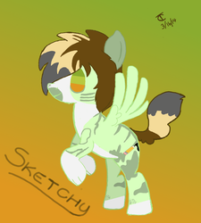 Size: 1330x1481 | Tagged: safe, artist:chatooka, oc, oc only, oc:sketchy, hybrid, pegasus, pony, dog-pony, female, gradient background, solo