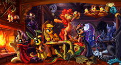 Size: 2240x1200 | Tagged: safe, artist:harwick, ahuizotl, applejack, fluttershy, garble, gilda, iron will, mitsy, pinkie pie, rainbow dash, rarity, rover, trixie, twilight sparkle, bird, cat, diamond dog, dragon, earth pony, griffon, pegasus, pony, unicorn, g4, ahuizotl's cats, axe, bedroom eyes, bipedal, bread, bunny ears, candle, cape, chandelier, cider, cloak, clothes, dangerous mission outfit, drinking, eyes closed, female, fireplace, fork, frown, glare, goggles, headband, knife, laughing, looking at you, male, mane six, mare, moon, night, on back, open mouth, prone, raised eyebrow, sitting, smiling, smirk, spread wings, tavern, wine, wings, wood