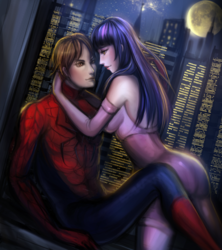 Size: 843x948 | Tagged: safe, artist:sangrde, twilight sparkle, human, spiders and magic: rise of spider-mane, g4, amethyst sorceress, clothes, costume, crossover, crossover shipping, eye contact, hug, humanized, male, peter parker, shipping, smiling, spider-man, spidertwi