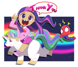 Size: 2480x2157 | Tagged: safe, artist:ecchiman83, princess celestia, twilight sparkle, human, spiders and magic: rise of spider-mane, g4, chibi, crossover, crossover shipping, cute, dark skin, female, high res, humanized, male, peter parker, shipping, spider-man, spidertwi, straight