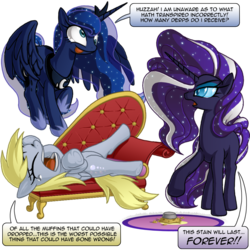 Size: 1000x1000 | Tagged: safe, artist:berrypawnch, derpy hooves, nightmare rarity, princess luna, alicorn, pegasus, pony, unicorn, g4, derp, fainting couch, female, funny as hell, i just don't know what went wrong, mare, muffin, personality swap, tabitha st. germain, the worst possible thing, voice actor joke