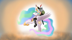 Size: 3500x1969 | Tagged: safe, artist:gennbu, princess celestia, g4, crossover, cute, cutelestia, dark souls, happy, humans riding ponies, napoleon crossing the alps, praise the sun, riding, solaire of astora