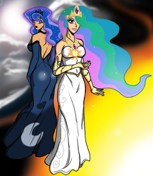 Size: 1438x1658 | Tagged: safe, artist:chillguydraws, princess celestia, princess luna, human, g4, .psd available, back, broken arm, clothes, crown, dress, duo, evening gloves, hair over one eye, humanized, jewelry, lipstick, looking at you, looking back, rear view, regalia, royal sisters, sisters, smiling