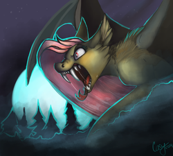 Size: 3000x2700 | Tagged: safe, artist:casynuf, fluttershy, bat pony, pony, g4, angry, bat ponified, bat wings, bust, cheek fluff, drool, ear fluff, fangs, female, flutterbat, forked tongue, full moon, high res, looking at something, looking forward, mare, mist, moon, night, night sky, open mouth, race swap, sharp teeth, sky, solo, species swap, spread wings, starry night, teeth, tongue out, tree, wings
