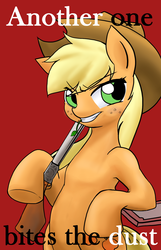 Size: 1000x1555 | Tagged: safe, artist:tunairs, applejack, earth pony, pony, g4, another one bites the dust, bipedal, female, gun, queen (band), rifle, solo, song reference, weapon