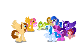 Size: 1920x1080 | Tagged: safe, artist:mlploverandsoniclover, oc, oc only, oc:butterfly pink, oc:crystal stone glow, oc:diamond rocks, oc:flare spare, oc:flower posey, oc:gaby, oc:purple orange, oc:sea blue, alicorn, dragon, pegasus, pony, alicorn oc, colored wings, female, gradient wings, group, mare, pegasus oc, princess minus subtract, recolor, royal winged pegasus