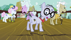 Size: 1920x1080 | Tagged: safe, screencap, chelsea porcelain, geri, mr. waddle, pearly stitch, earth pony, pony, g4, the mysterious mare do well, balcony, bowtie, cane, crack, elderly, female, glasses, hat, liver spots, looking down, male, mare, open mouth, stallion, walker
