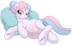 Size: 15000x9600 | Tagged: safe, artist:xniclord789x, oc, oc only, oc:bundle joy, absurd resolution, bedroom eyes, belly blush, blushing, looking at you, on side, pillow, pregnant, simple background, smiling, solo, transparent background, underhoof