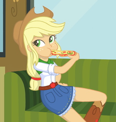 Size: 640x670 | Tagged: safe, artist:a01, applejack, equestria girls, g4, eating, female, food, meat, pepperoni, pixiv, pizza, solo