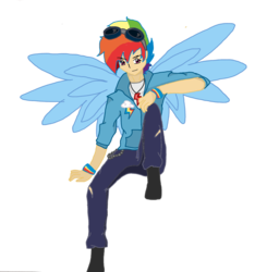 Size: 1665x1700 | Tagged: safe, artist:1231redflame, rainbow dash, human, g4, goggles, humanized, rainbow blitz, rule 63, solo