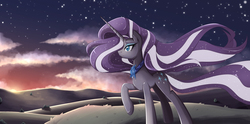 Size: 1500x744 | Tagged: safe, artist:jinzhan, nightmare rarity, g4, cloud, cloudy, crying, female, grass, hill, nightmare grayity, simple background, solo, stars, sunset