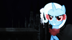 Size: 2560x1440 | Tagged: safe, artist:freak0uo, artist:mastertrevor, edit, trixie, pony, unicorn, g4, alicorn amulet, castle, evil trixie, female, mare, moon, night, red eyes, solo, tomb, vector, wallpaper, wallpaper edit