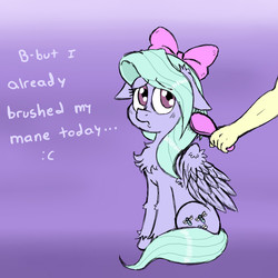 Size: 800x800 | Tagged: safe, artist:ichibangravity, flitter, human, pony, g4, brushie, chest fluff, dialogue, floppy ears, fluffy, frown, non-consensual brushing, unshorn fetlocks