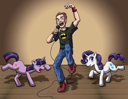 Size: 958x740 | Tagged: safe, artist:deathbychiasmus, rarity, twilight sparkle, human, g4, batman, dancing, microphone, trio